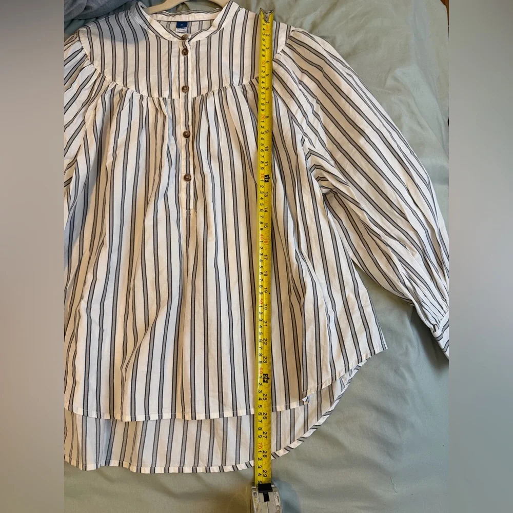 Striped White and Black Button-Up Peasant Blouse